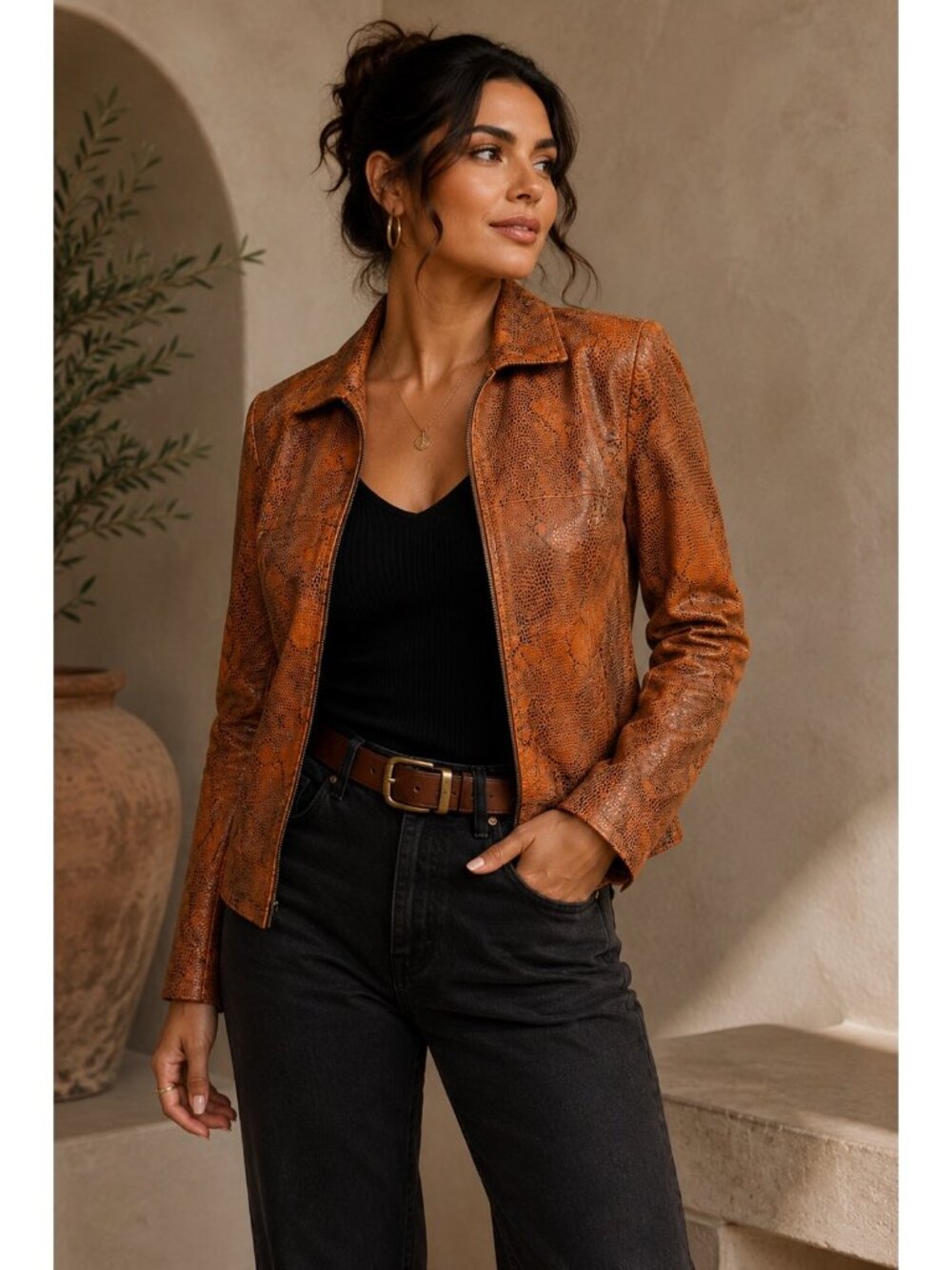 Bernardo Genuine Leather Jacket Women’s Small Burnt Orange Brown Snake Print Zip